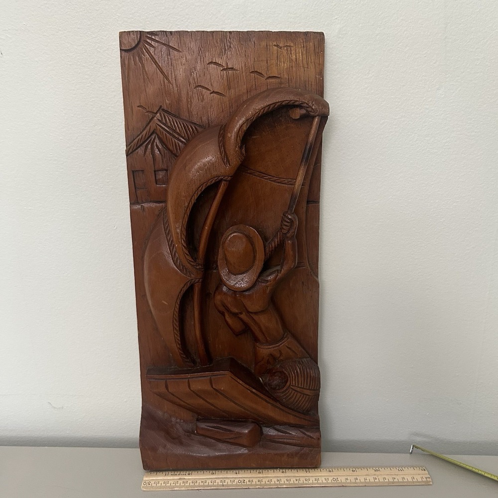 Vintage Mid Century Hand Carved Wood Panel Wall Hanging Fisherman Sailboat Sun